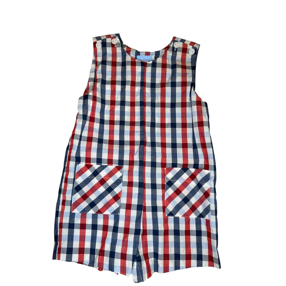 Bella Bliss Red Blue Gingham Romper Boys Jon Jon Cotton EUC 18M